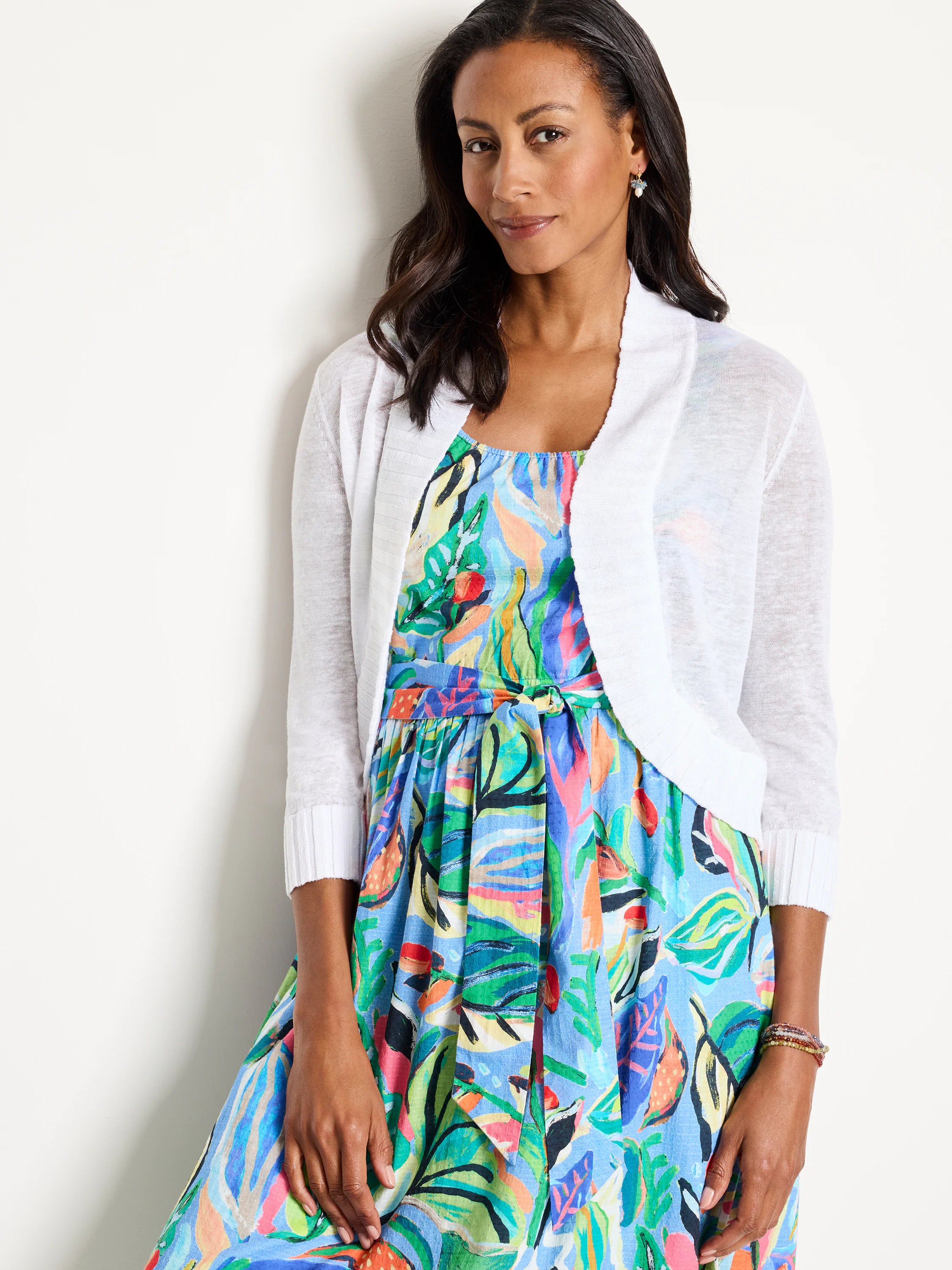 White bolero cardigan with 3/4 length sleeves, ribbed cuffs. Lightweight, slightly sheer knit.