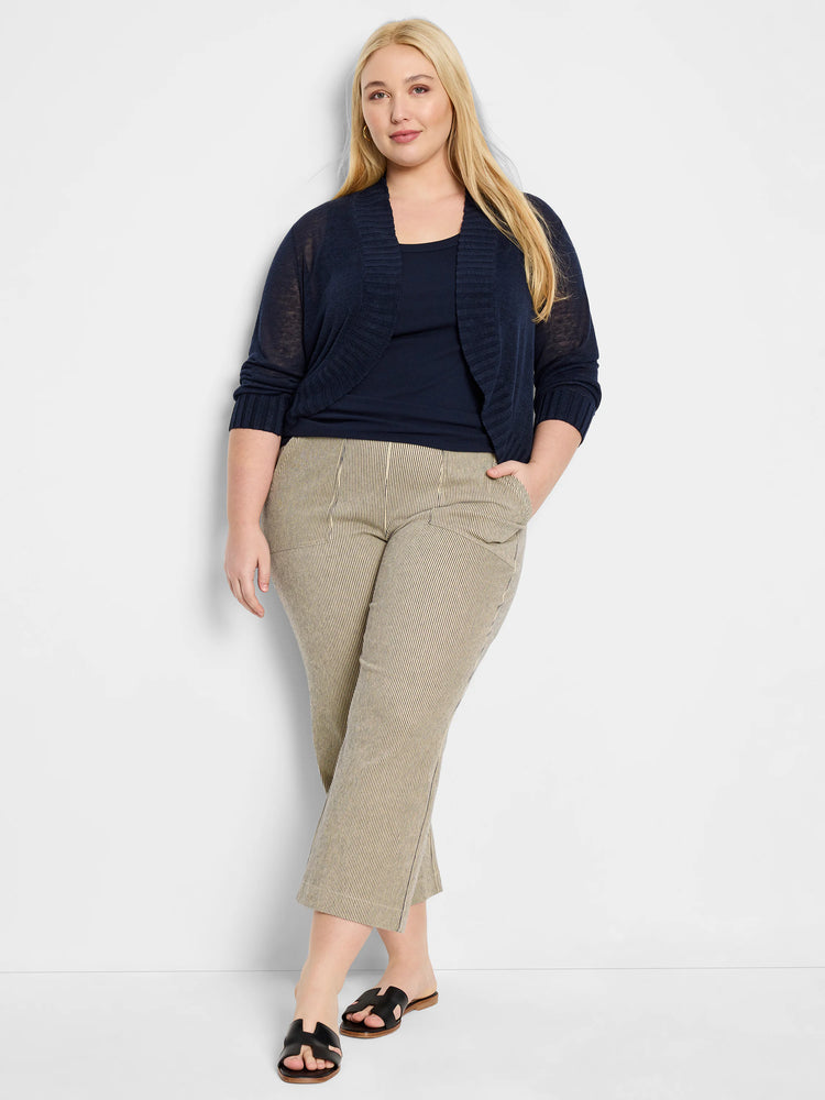 Navy bolero cardigan with sheer knit body, 3/4 sleeves, and ribbed cuffs/front trim. Open front.