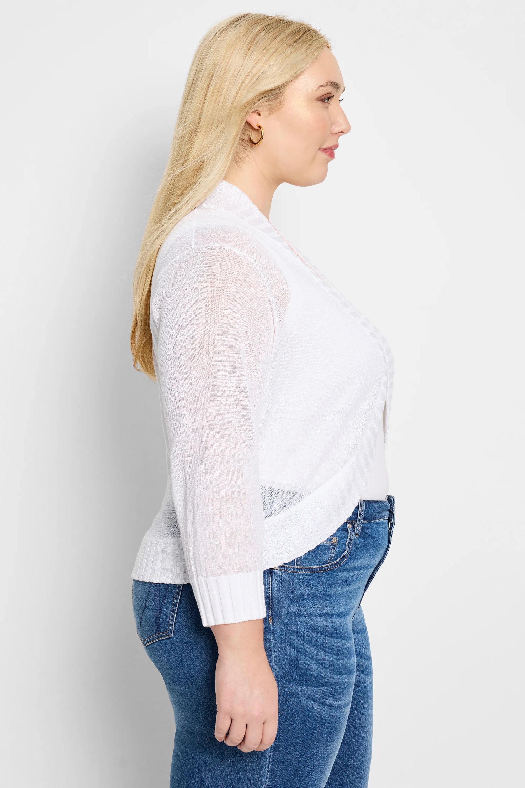 White, slightly sheer knit bolero cardigan with open front, 3/4 sleeves and ribbed cuffs.