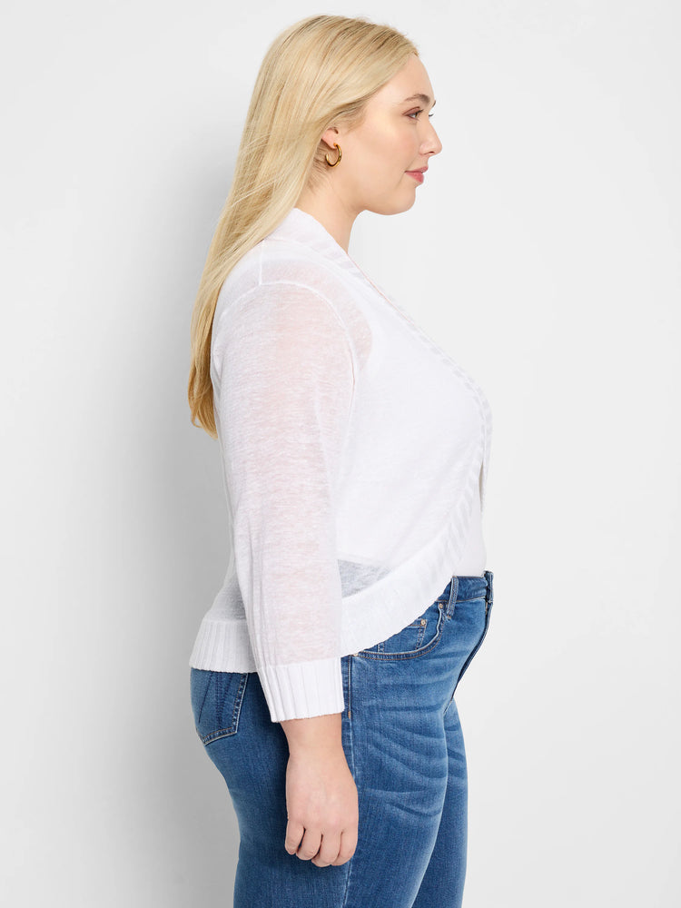 White, slightly sheer knit bolero cardigan with open front, 3/4 sleeves and ribbed cuffs.