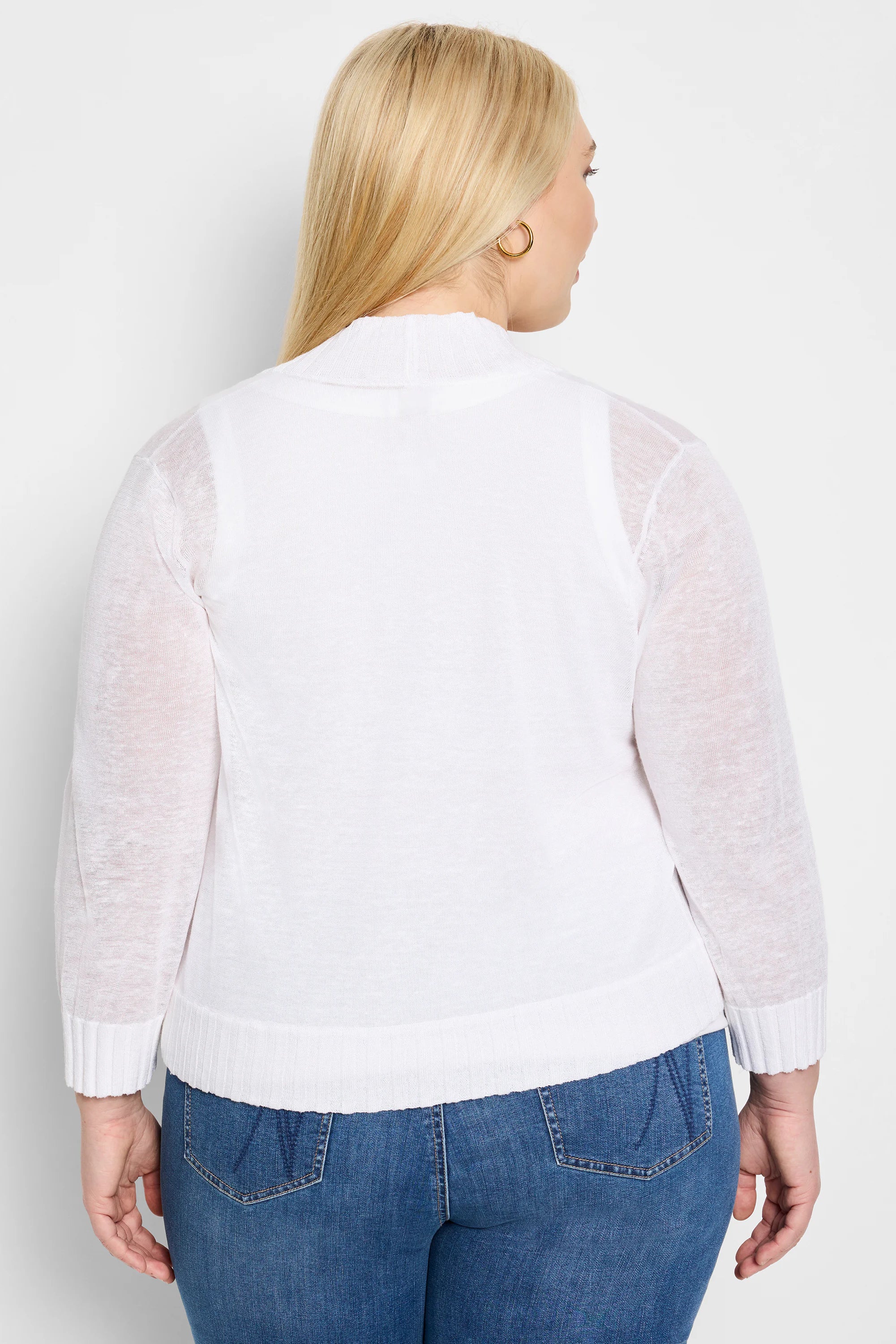 White sheer bolero cardigan, long sleeves, ribbed cuffs & hem. Back view on model.