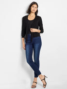 Black open-front cardigan with a draped front and long, ribbed sleeves.