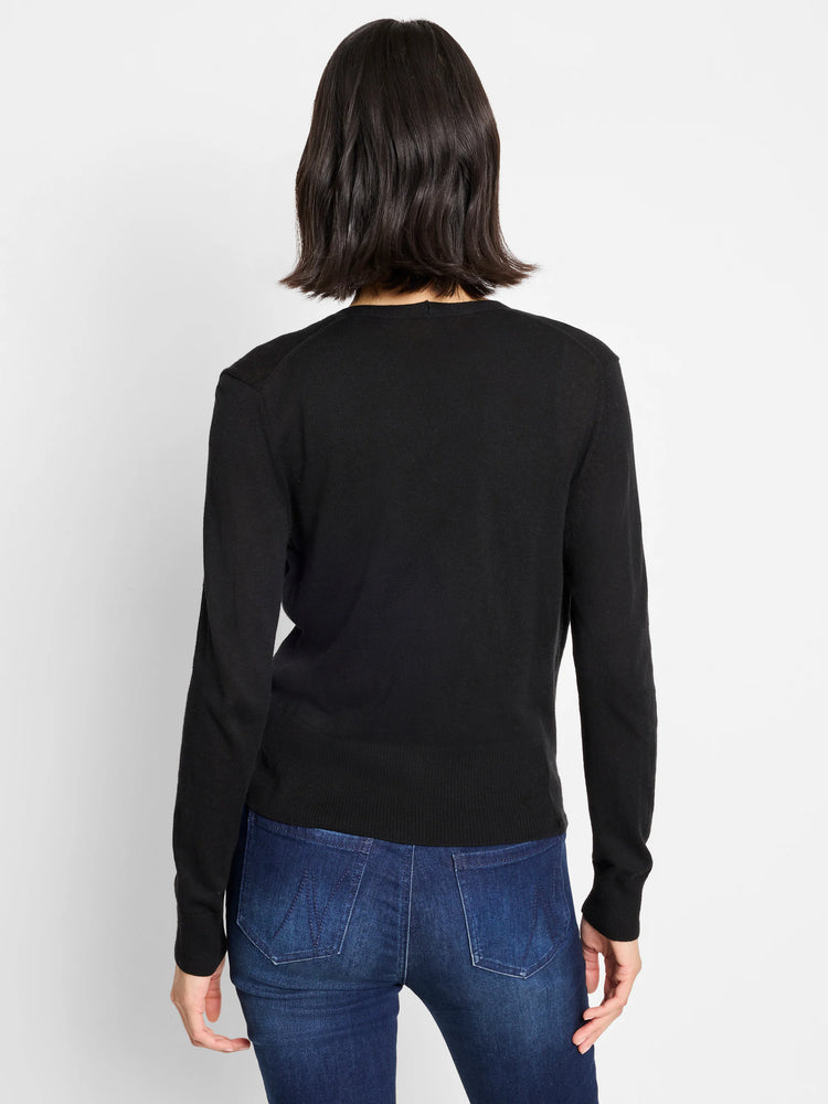 Black long-sleeved fine knit cardigan, shown from the back. Features ribbed cuffs and hem, with a rounded neckline.