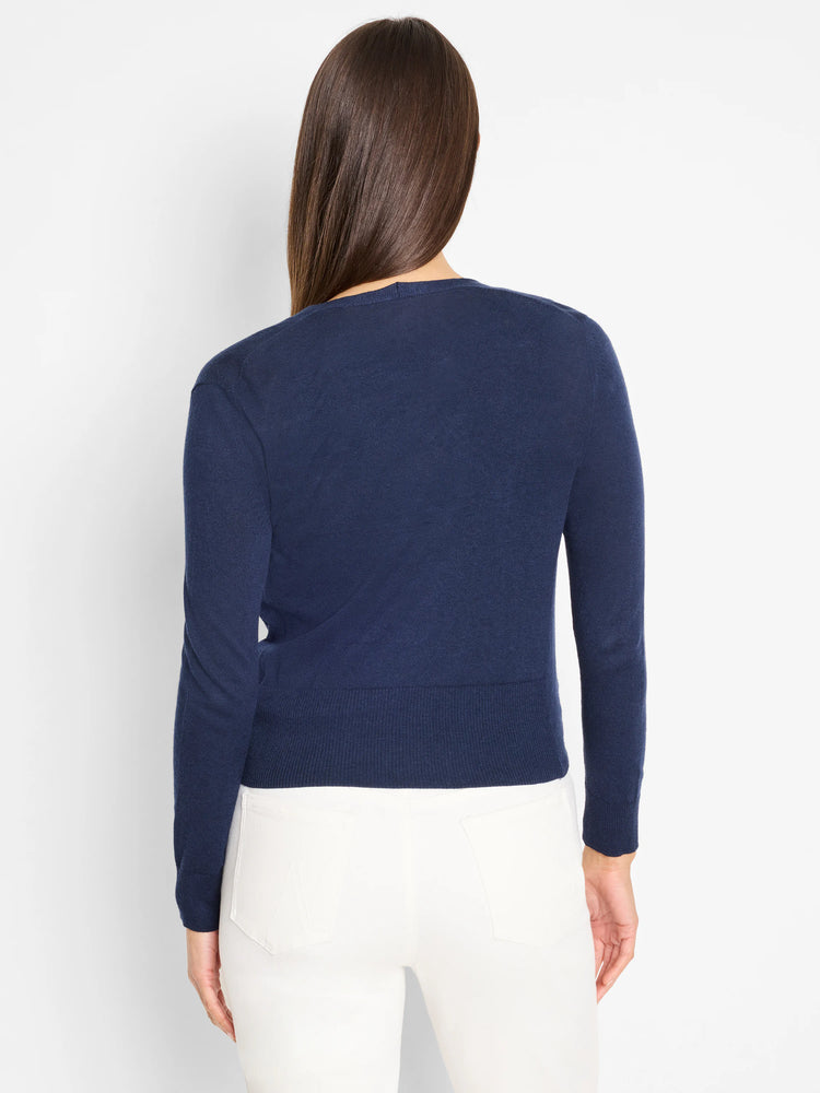 Navy blue long-sleeved knit cardigan with ribbed cuffs and hem, shown from the back.