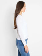 White long-sleeve knit cardigan with fine texture, ribbed cuffs, and ribbed bottom hem.