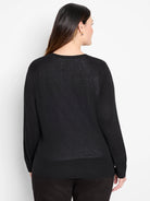 Black long-sleeve cardigan, rear view. Lightweight, slightly sheer knit with ribbed cuffs and hem.