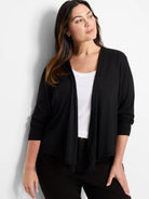 Black open-front cardigan with a soft, draped fit and ribbed cuffs.