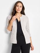 Light gray weave mix knit zip jacket with dark flecks, collarless, 3/4 sleeves, and front patch pockets.