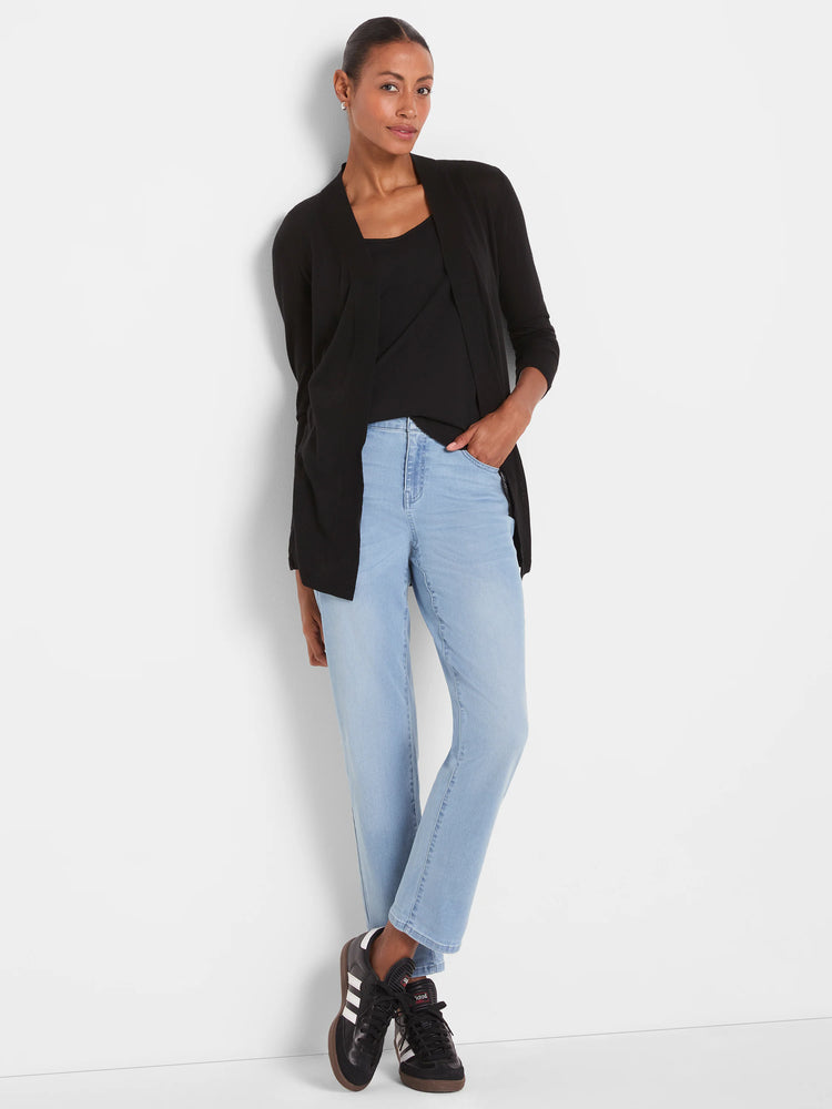 Black open-front cardigan with long sleeves and a loose, draping silhouette.