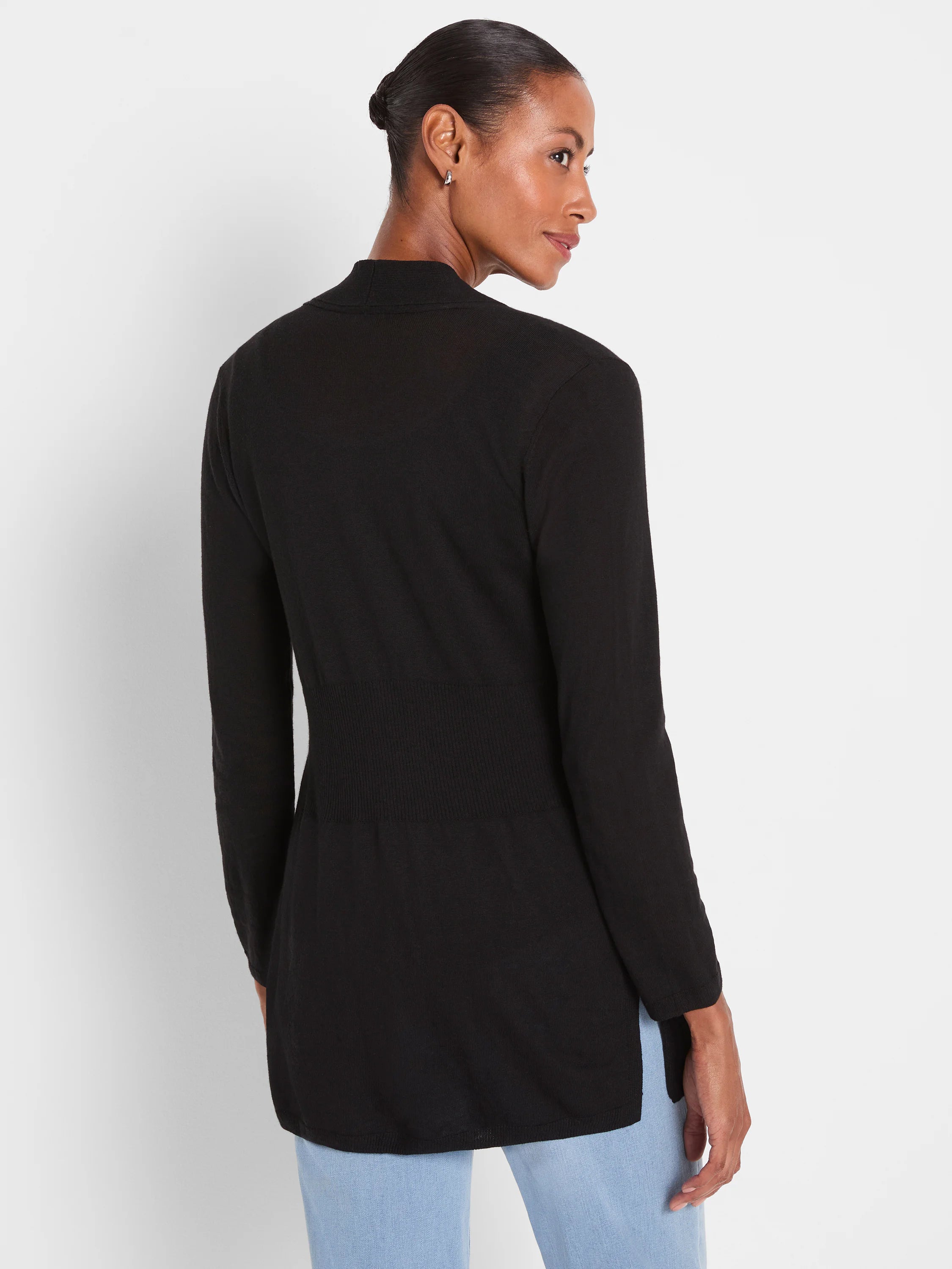 Black long-sleeved cardigan, tunic length, with ribbed waist detail and a stand collar.