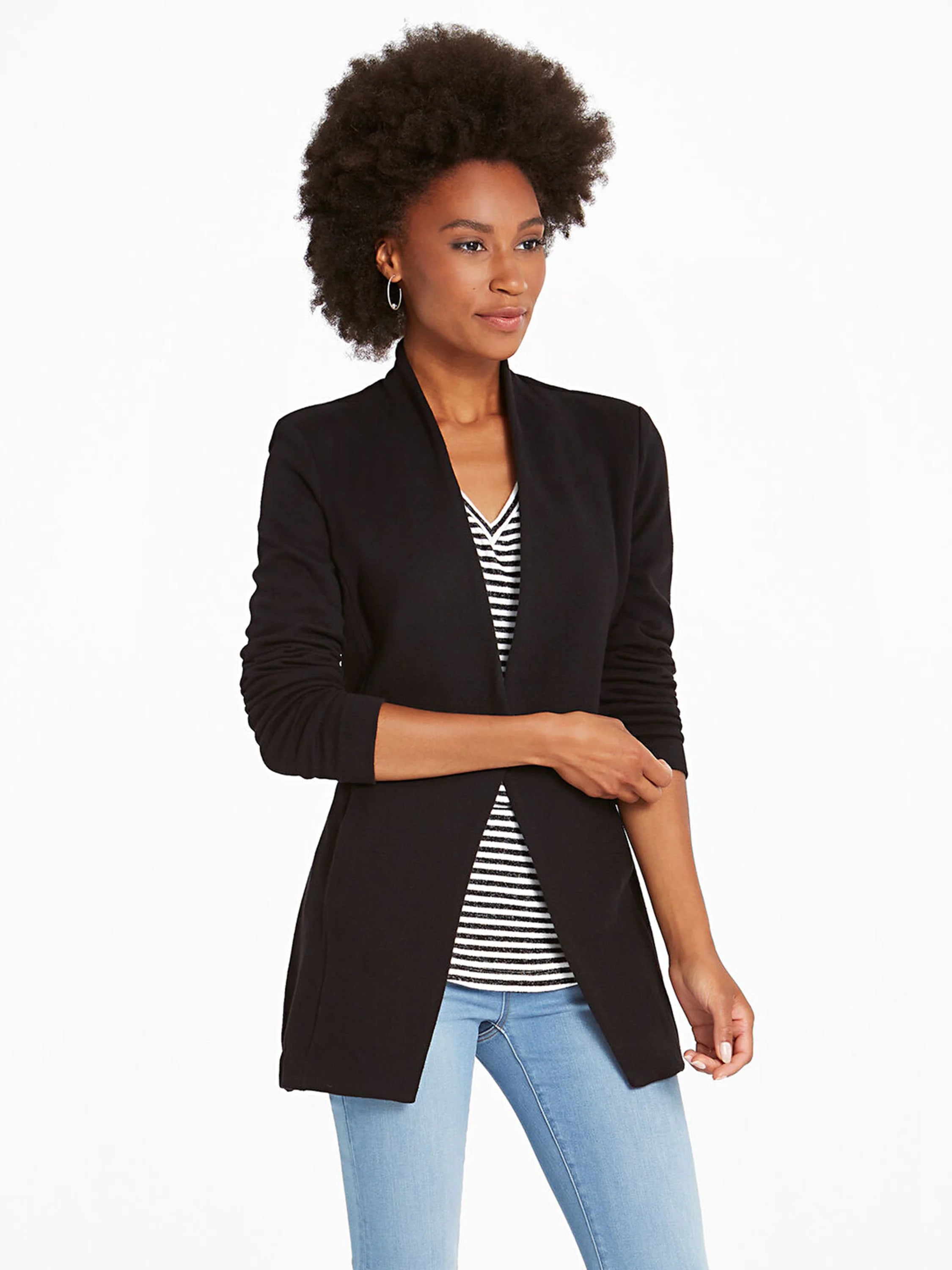 Black open knit jacket, hip-length, long sleeves.