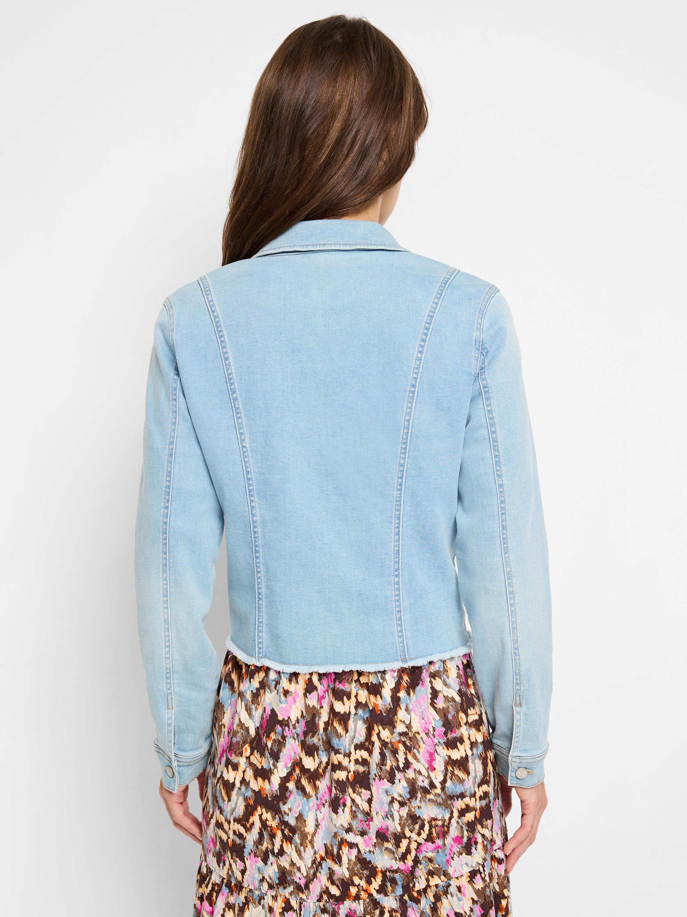 Cropped light wash jean jacket with fitted back panels and a distressed bottom edge.
