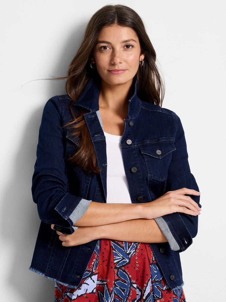 This dark wash fitted denim jacket features a standing collar, silver buttons, cuffed sleeves, and a frayed raw hem.