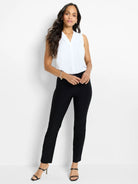 White sleeveless V-neck top with a buttoned placket front.