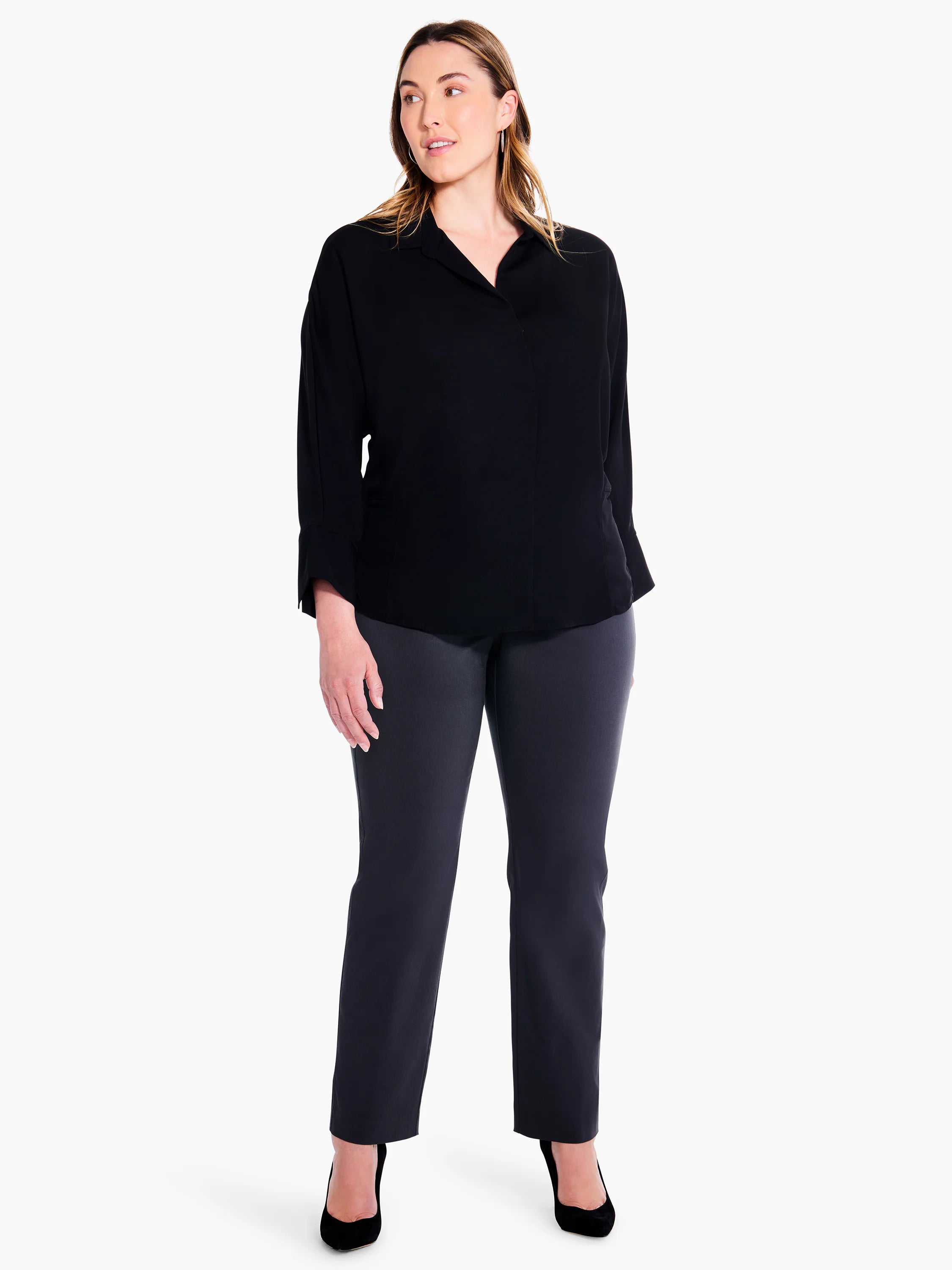 Black, collared blouse; 3/4 sleeves. Model also wears dark gray pants and black heels.