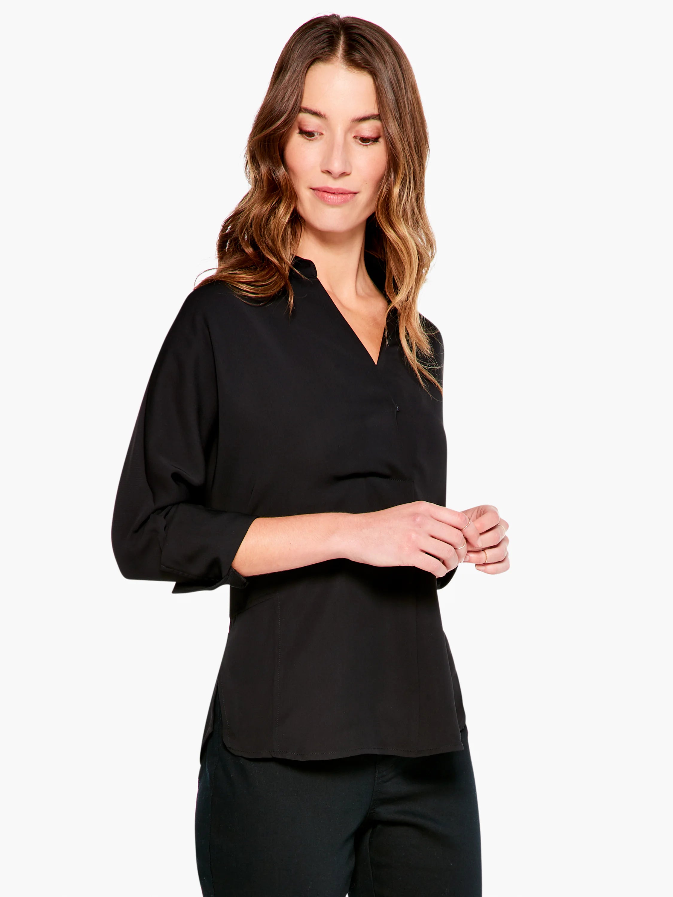 Black, 3/4 sleeve blouse. V-neck, fitted waist.