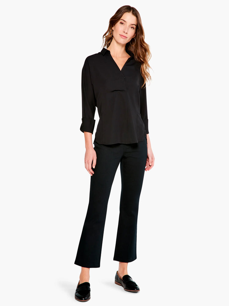 Black, 3/4 sleeve blouse; V-neck; slightly fitted.