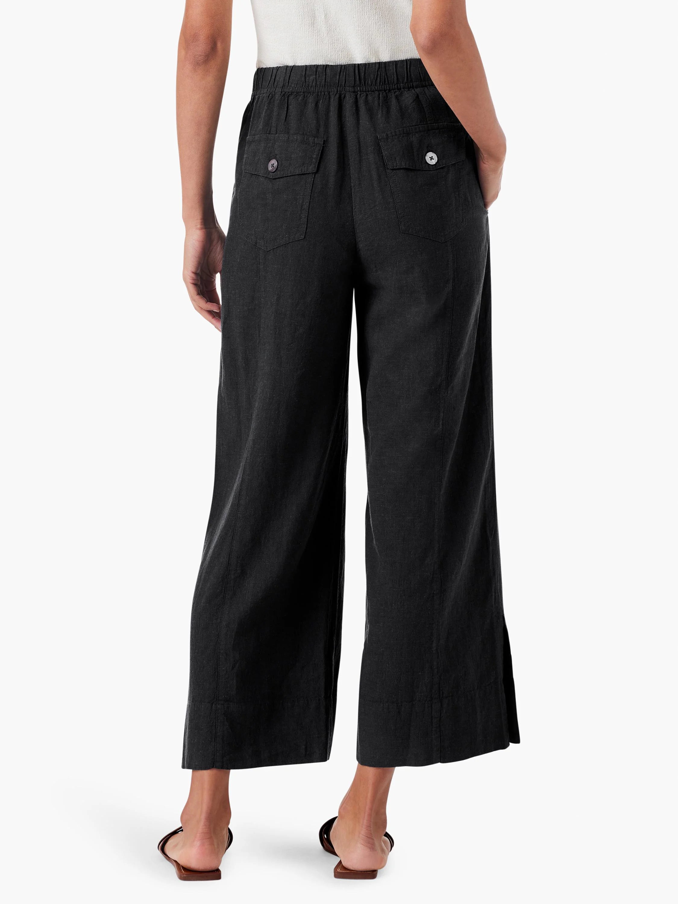 Dark gray wide-leg crop pants with elastic waistband, rear patch pockets with buttons, and side hem slits.