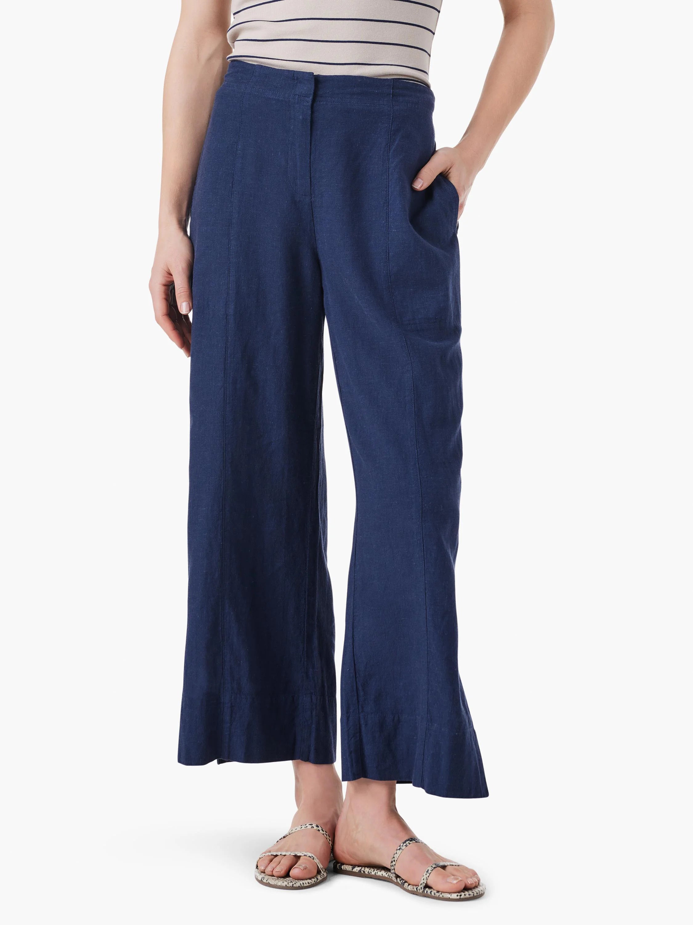 Deep blue wide-leg crop pants with a flat front, side pockets, and visible vertical leg seams.