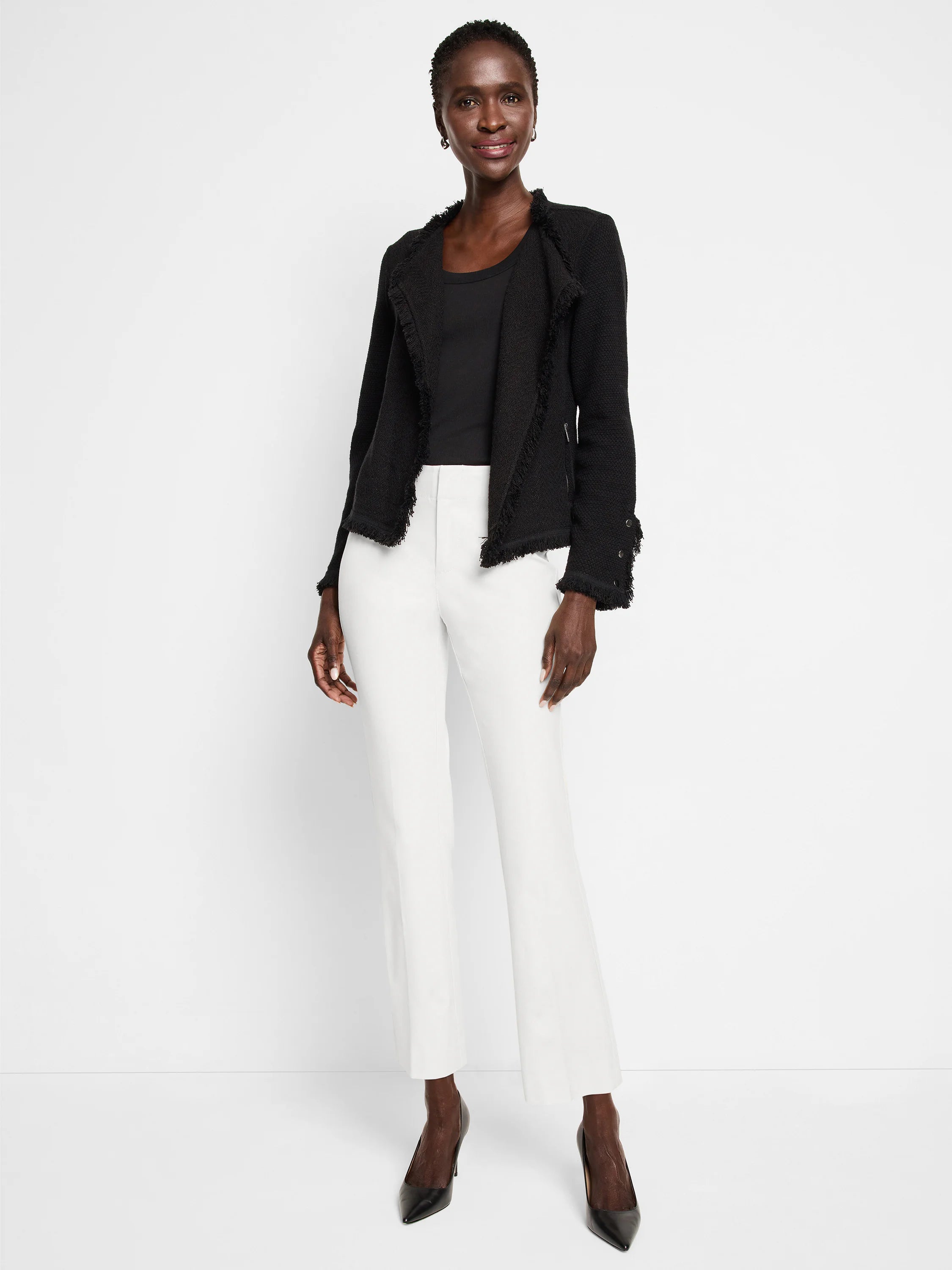 Smooth white, cropped demi boot pants.