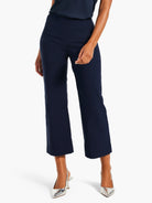 Navy high-waisted wide-leg crop pants with a smooth finish, ending above the ankle.