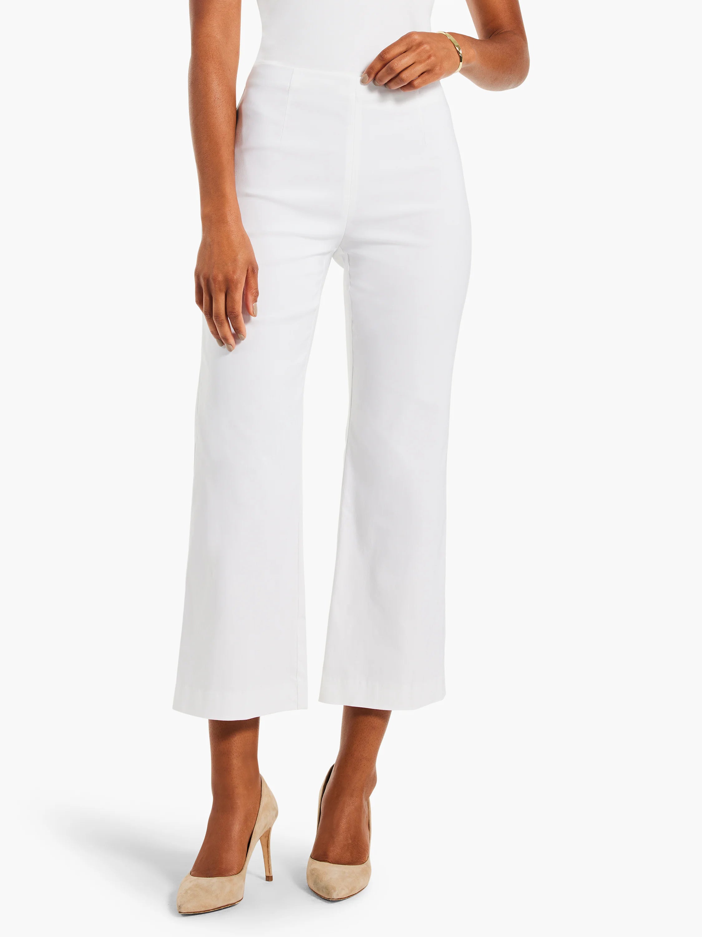 White high-waisted wide-leg crop pants with visible front seams.