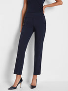 Navy blue straight leg pants, ankle-length, with a wide, flat waistband and subtle front pockets.