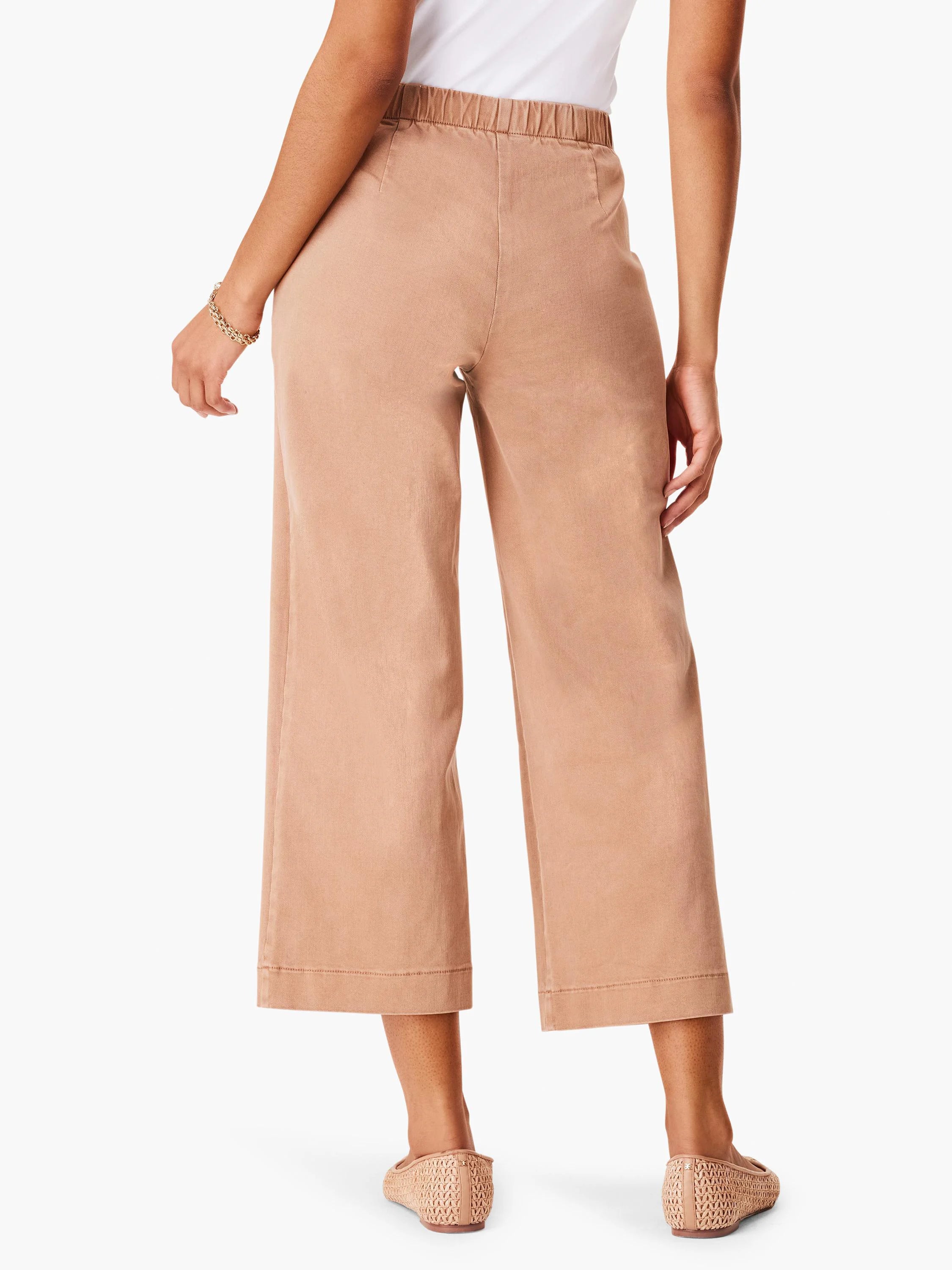 Rear view of light brown wide leg cropped jeans with an elasticized waist.