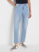 Light blue denim mid-rise jeans with a faded wash, straight leg, and cropped length at the ankle.