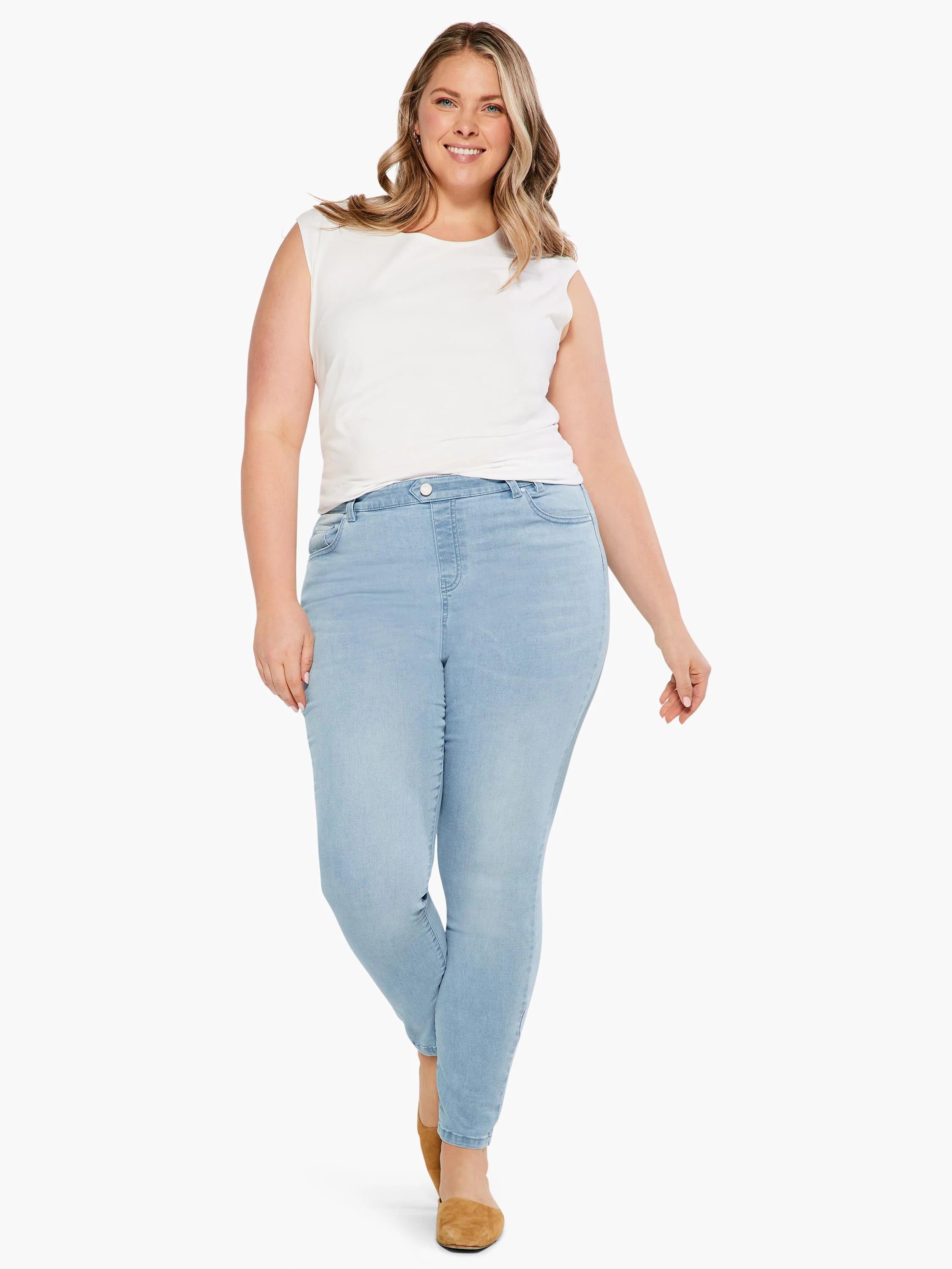 Light blue, high-rise slim ankle jeans with a smooth pull-on waist and single button.