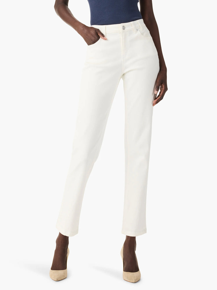 Cream straight ankle jeans with five-pocket styling.