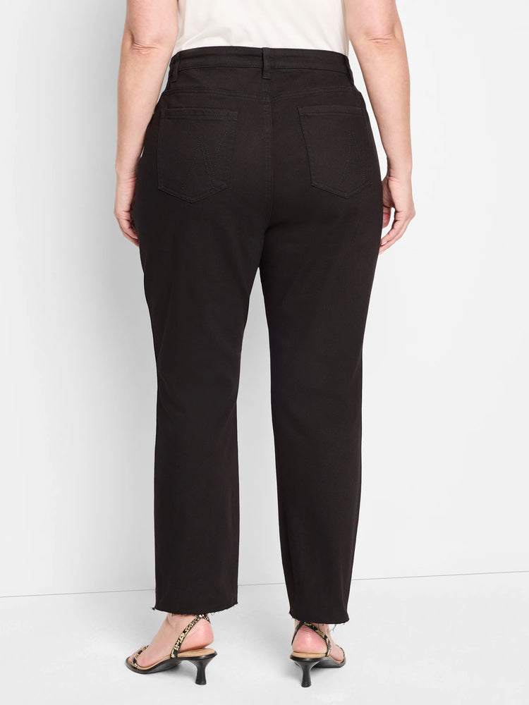 Black straight ankle jeans, rear view on model. Features raw hems and back pockets with subtle tonal stitching.