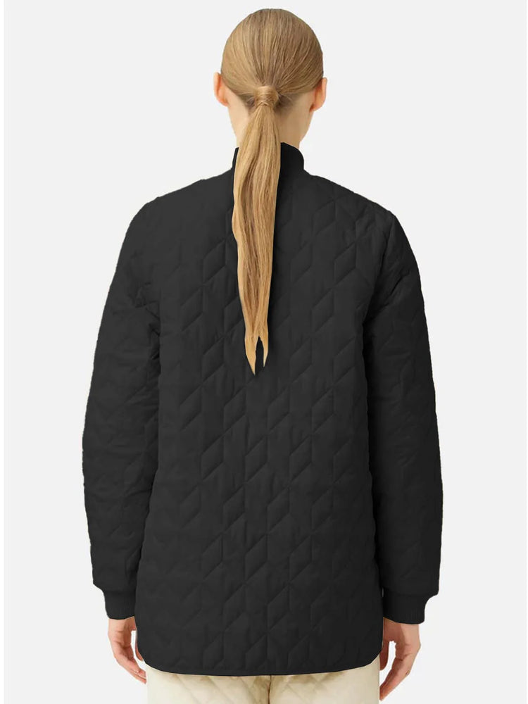 Black quilted jacket, knit collar, diamond pattern. Back view.