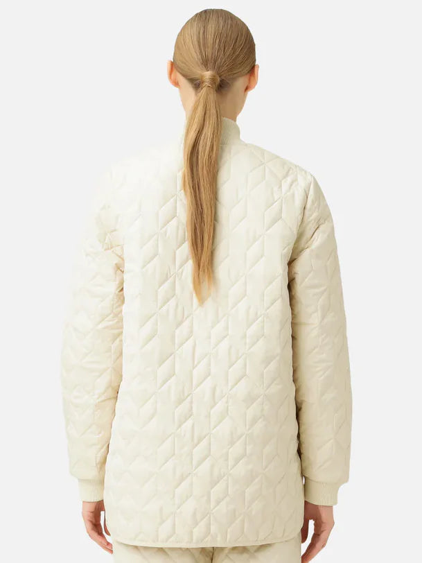 Off-white quilted jacket, diamond pattern, knit collar. Rear view.