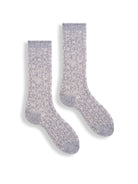 Pair of crew socks; gray with a lighter gray/off-white pattern. Knit texture.