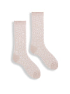 Pair of crew socks; light beige with a lighter off-white flecked pattern.