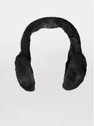 Black faux fur earmuffs. U-shaped headband with plush, rounded ear coverings.