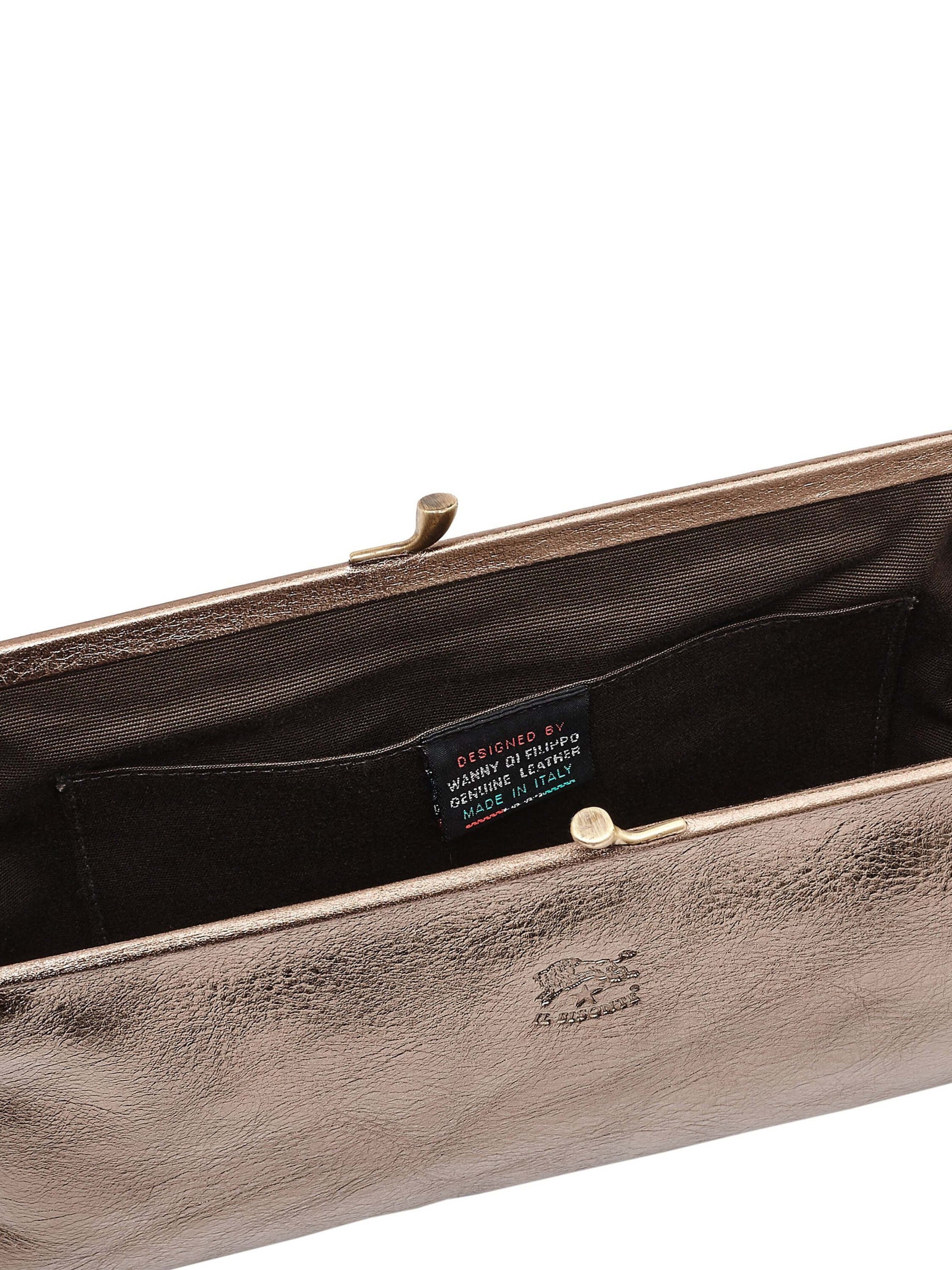 Bronze metallic leather clutch, dark brown fabric interior, gold-tone clasp. Small interior pocket visible.