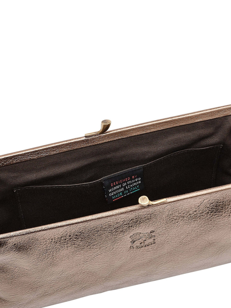 Bronze metallic leather clutch, dark brown fabric interior, gold-tone clasp. Small interior pocket visible.