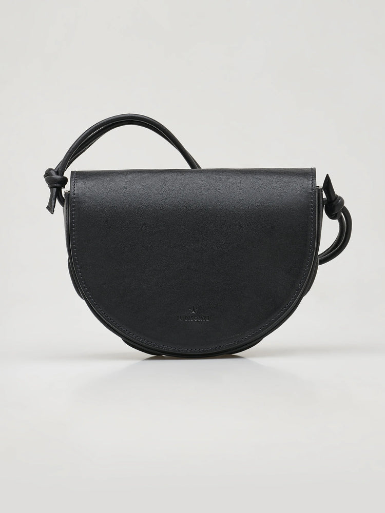 Black half-moon crossbody bag with knotted leather strap. Small logo on front.