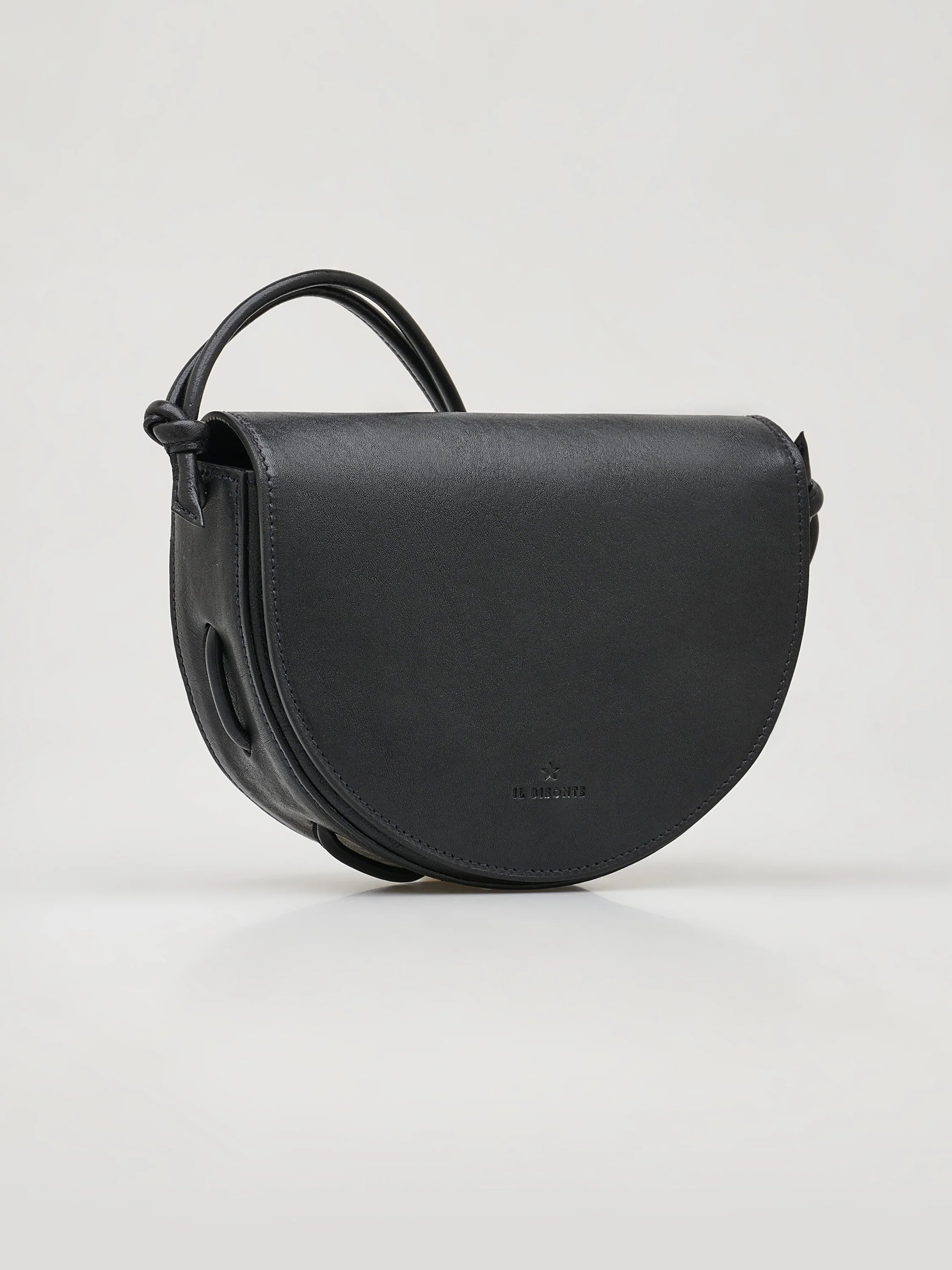 Black half-moon shaped leather crossbody bag with knotted shoulder strap. Small logo on front.