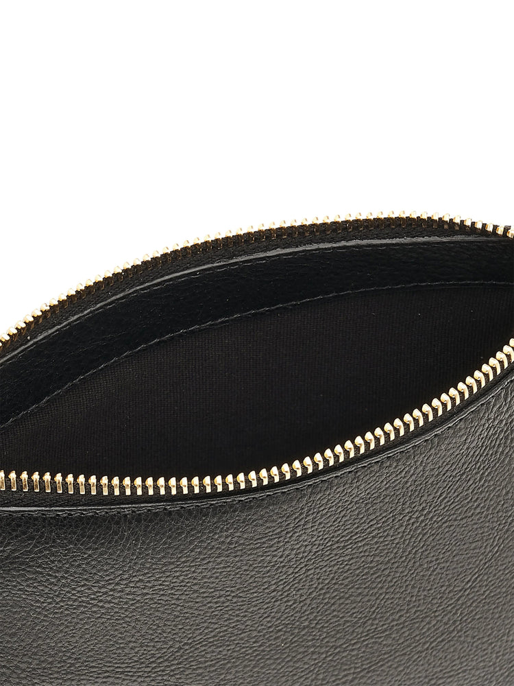 Black rectangular crossbody bag with gold zipper. Interior is black fabric.
