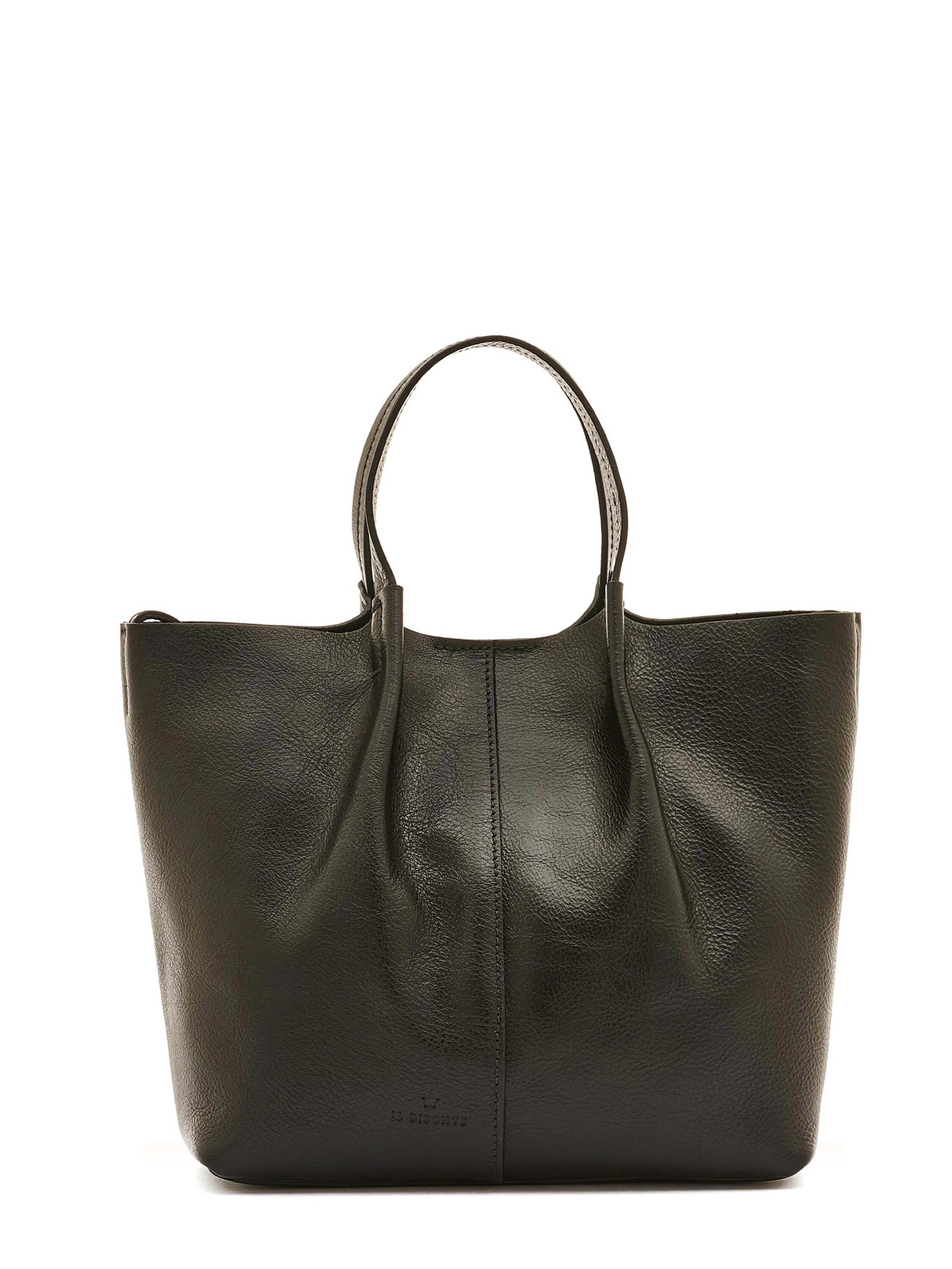 Black leather crossbody bag with top handles. Slightly structured, textured leather. Small, discreet logo.