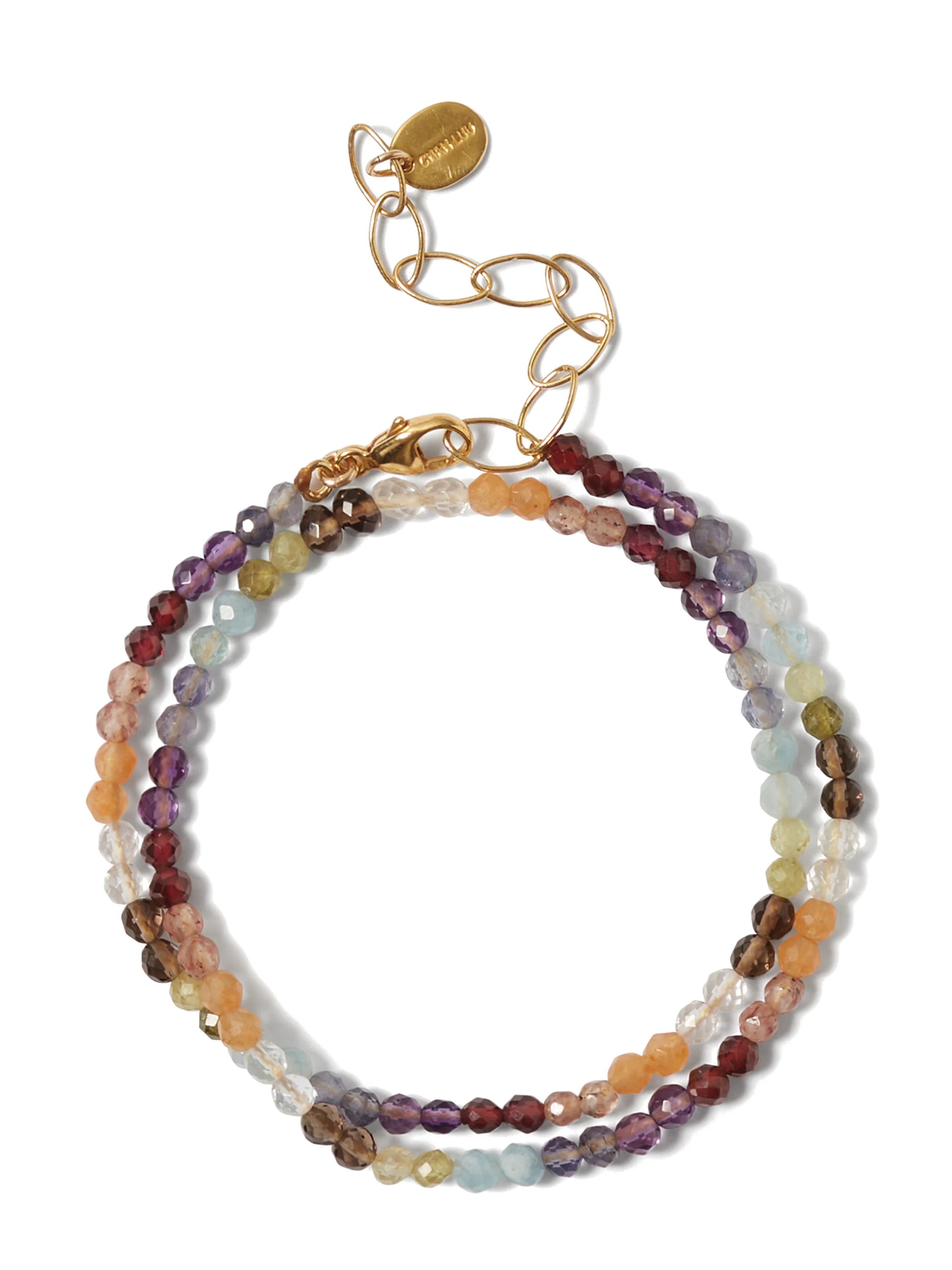 Double wrap bracelet; gold clasp & chain. Multicolored gemstone beads: reds, purples, oranges, browns, greens, and blues.
