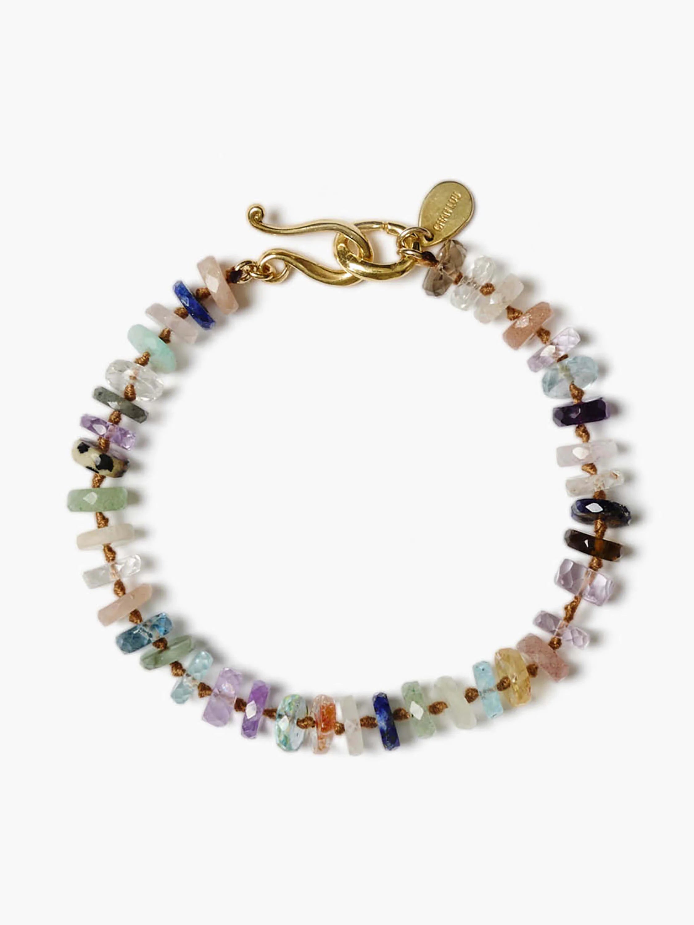 Multicolored stone bracelet with gold clasp.  Stones include pinks, purples, blues, greens, and browns.