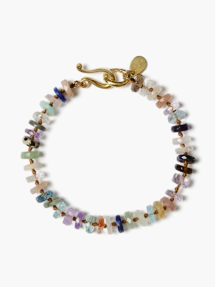 Multicolored stone bracelet with gold clasp. Stones include pinks, purples, blues, greens, and browns.