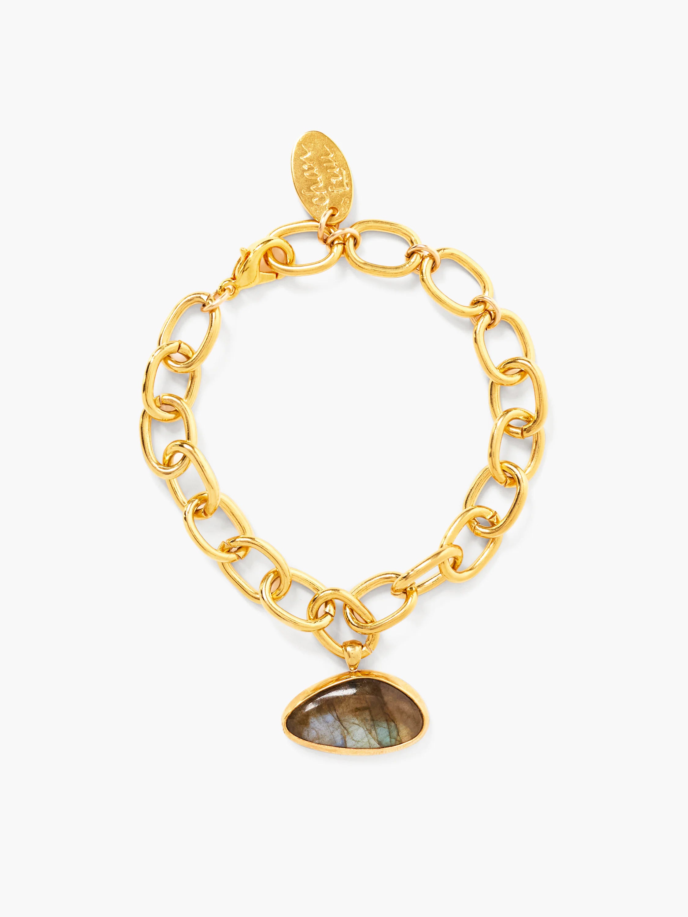 Gold chain bracelet with a gray-blue labradorite charm.