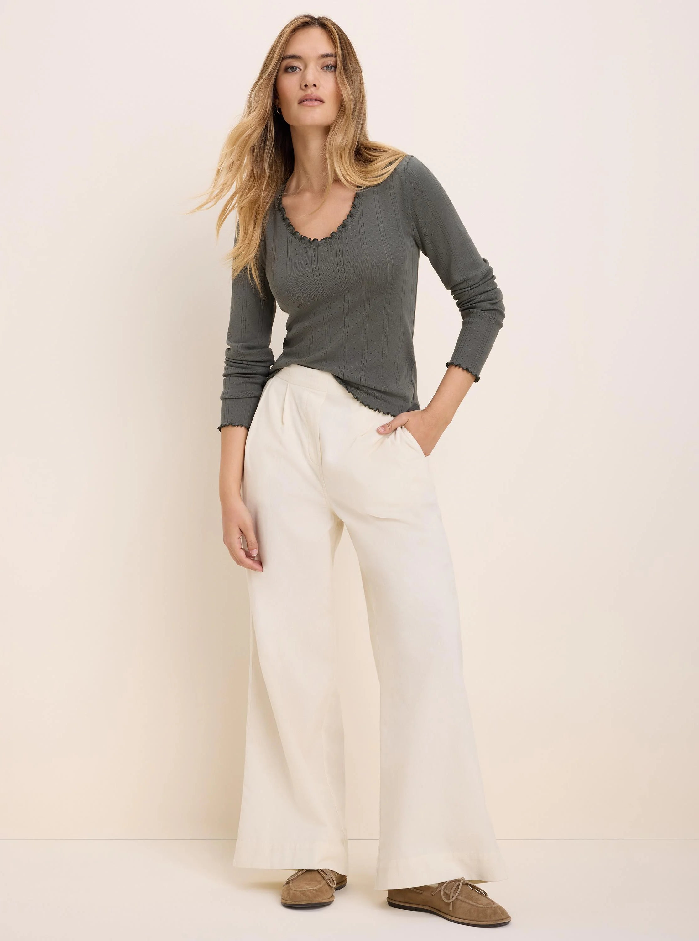Dark green pointelle rib long-sleeve tee with scalloped trim at the neckline and cuffs.