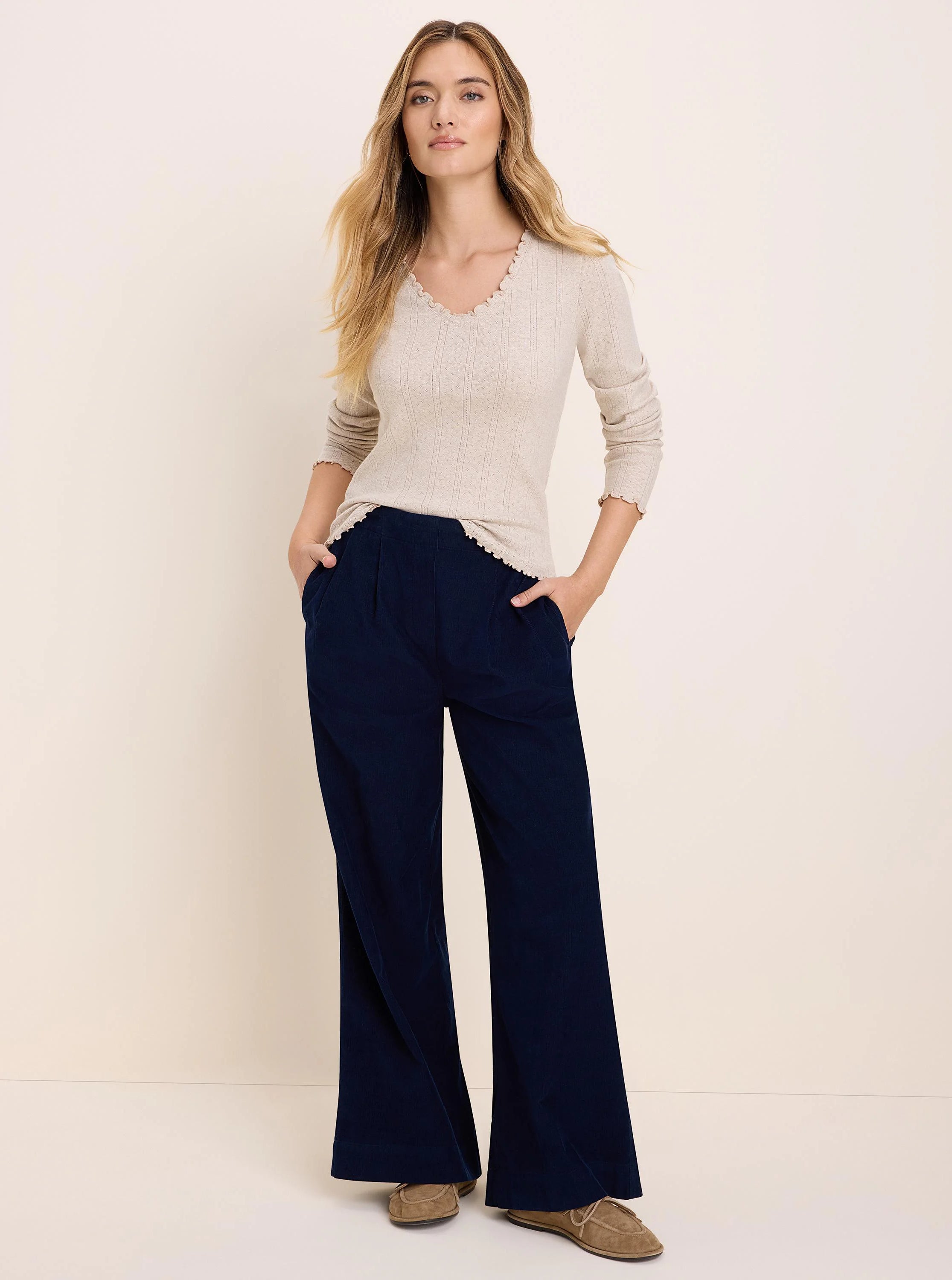 Oatmeal pointelle rib long sleeve V-neck tee with ruffled neckline, cuffs, and hem.