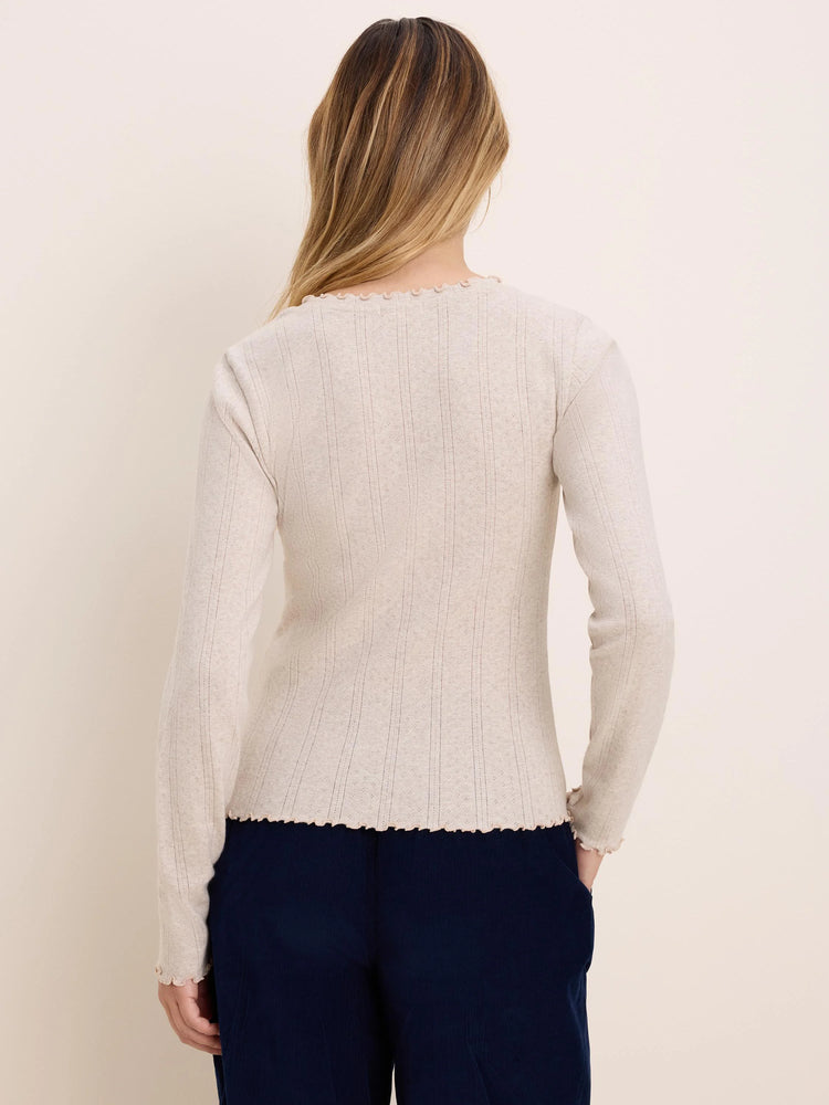 Light beige pointelle rib long sleeve tee, with wavy trim at neck and hem, viewed from back.
